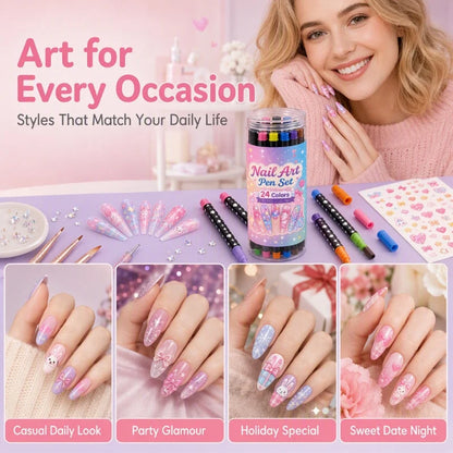 🎨24-Color Dual-Ended Nail Art Pen Set 🌈— Fine Liner + Brush Tips💅